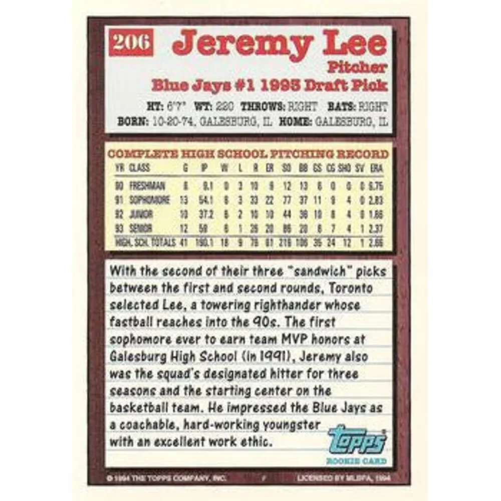 1994 Topps Jeremy Lee DPK, RC # 206 Toronto Blue Jays
